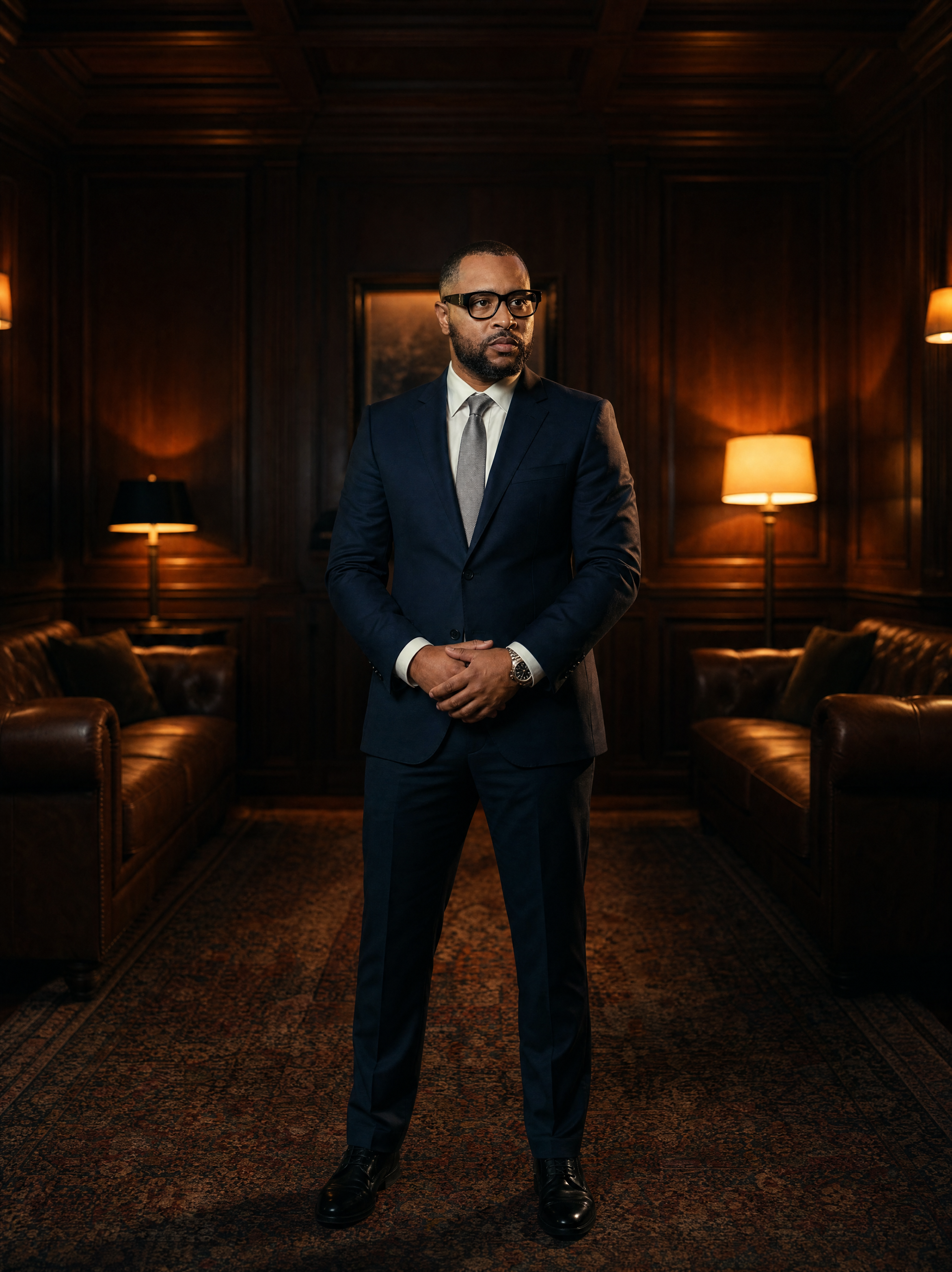 Full-length editorial portrait of Justin W. Lee in a wood-paneled study